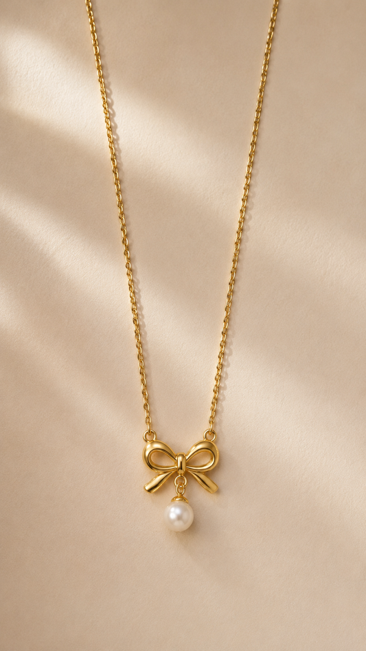 Golden Bow Pearl Pendant Necklace