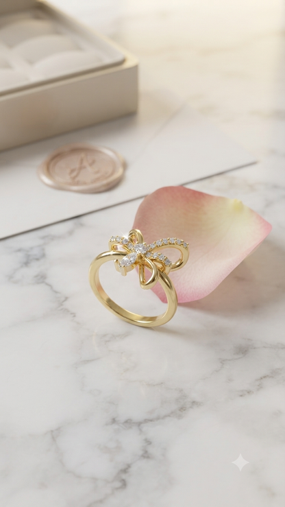 Bow Flower Ring with Crystal Accent