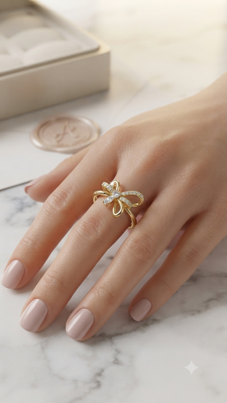 Bow Flower Ring with Crystal Accent