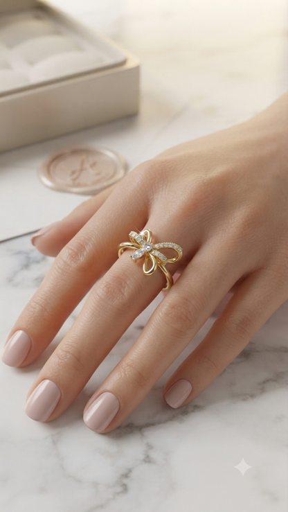 Bow Flower Ring with Crystal Accent