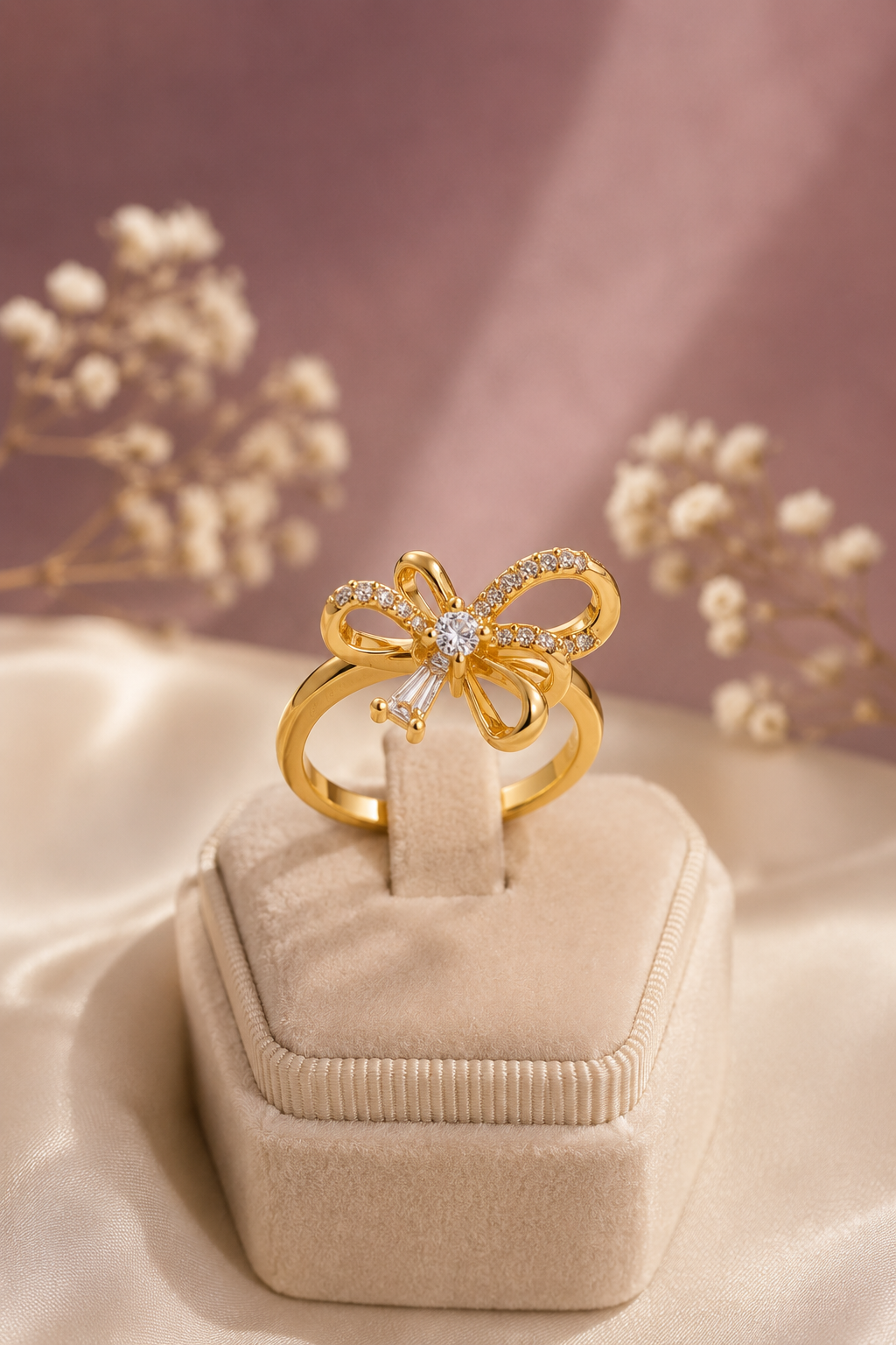 Bow Flower Ring with Crystal Accent